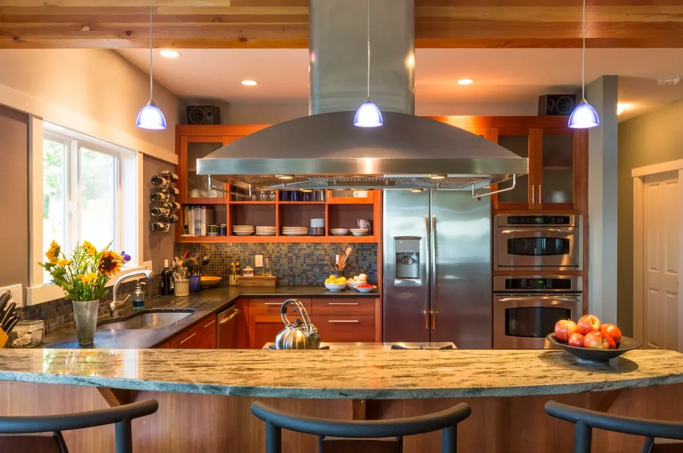 red and brown finish for a fully renovated kitchen